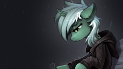 Size: 1920x1080 | Tagged: safe, artist:ramiras, edit, lyra heartstrings, pony, unicorn, fanfic:background pony, g4, bench, clothes, cropped, curved horn, depressed, dig the swell hoodie, emo, emo lyra, female, hoodie, horn, mare, rain, sad, solo, upscaled, wallpaper, wallpaper edit