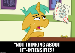 Size: 702x500 | Tagged: safe, edit, edited screencap, screencap, snails, pony, unicorn, g4, the cart before the ponies, confused, image macro, male, meme, solo, test, x intensifies