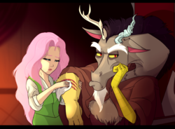 Size: 946x695 | Tagged: safe, artist:gamblingfoxinahat, discord, fluttershy, draconequus, human, g4, beauty and the beast, caring, clothes, facial hair, female, goatee, humanized, injured, looking away, male, rag, ship:discoshy, shipping, straight