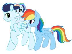 Size: 1508x1132 | Tagged: dead source, safe, artist:rainbows-skies, rainbow dash, soarin', oc, oc:speed dash, pony, g4, backwards cutie mark, female, filly, male, offspring, parent:rainbow dash, parent:soarin', parents:soarindash, ponies riding ponies, riding, ship:soarindash, shipping, simple background, speed dash riding soarin, straight, transparent background