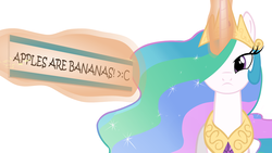 Size: 1920x1080 | Tagged: safe, artist:adamanimationz, princess celestia, alicorn, pony, g4, angry, animation at source, apple, banana, female, food, magic, sign, simple background, solo, video at source, white background, youtube link