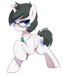 Size: 2046x2360 | Tagged: safe, artist:maren, oc, oc only, oc:deek, pony, unicorn, commission, glasses, high res, male, necktie, raised hoof, simple background, smiling, solo, stallion, white background