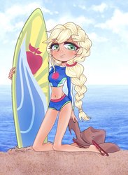 Size: 1496x2048 | Tagged: safe, artist:bbtasu, applejack, human, equestria girls, g4, my little pony equestria girls: better together, applejack's hat, clothes, cowboy hat, feet, female, hat, kneeling, looking at you, solo, surfboard, swimsuit, water
