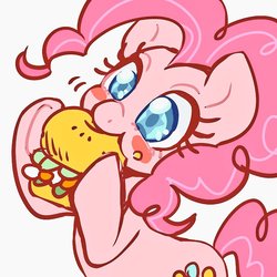 Size: 768x768 | Tagged: safe, artist:bbtasu, pinkie pie, earth pony, pony, g4, blush sticker, blushing, burger, colored pupils, cute, diapinkes, eating, female, food, hoof hold, mare, simple background, solo