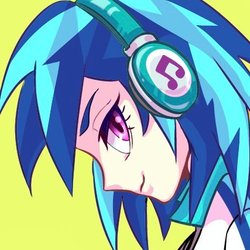 Size: 427x427 | Tagged: safe, artist:bbtasu, dj pon-3, vinyl scratch, human, equestria girls, g4, female, headphones, looking at you, simple background, solo, text, yellow background
