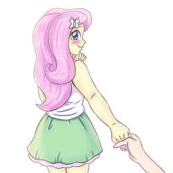 Size: 3543x3543 | Tagged: safe, artist:sumin6301, fluttershy, equestria girls, g4, blushing, clothes, cute, hand, high res, holding hands, looking at you, looking back, looking back at you, looking over shoulder, offscreen character, pov, profile, rear view, shyabetes, simple background, smiling, white background
