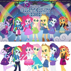 Size: 2048x2048 | Tagged: safe, applejack, fluttershy, pinkie pie, rainbow dash, rarity, sci-twi, sunset shimmer, twilight sparkle, dance magic, equestria girls, equestria girls series, equestria girls specials, g4, official, belt, boots, bowtie, bracelet, clothes, comparison, compression shorts, converse, cowboy hat, denim skirt, dress, feet, female, geode of empathy, geode of fauna, geode of shielding, geode of sugar bombs, geode of super speed, geode of super strength, geode of telekinesis, glasses, hairpin, happy, hat, high heel boots, high res, humane five, humane seven, humane six, jacket, jewelry, leather jacket, magical geodes, mane six, mary janes, netflix, pantyhose, pencil skirt, ponytail, rainbow, rarity peplum dress, shirt, shoes, simple background, skirt, smiling, sneakers, socks, spotlight, stetson, tales of canterlot high, tank top, wristband