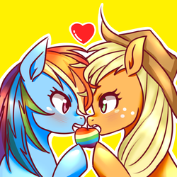 Size: 1000x1000 | Tagged: safe, artist:raika0306, applejack, rainbow dash, pony, g4, apple, blushing, cowboy hat, female, food, hat, heart, lesbian, looking at each other, mare, mouth hold, multicolored hair, ship:appledash, shipping, simple background, stetson, yellow background, zap apple
