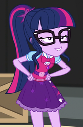 Size: 524x801 | Tagged: safe, screencap, sci-twi, twilight sparkle, equestria girls, equestria girls specials, g4, movie magic, belt, bowtie, clothes, cropped, female, geode of telekinesis, glasses, hand on hip, lidded eyes, looking at you, magical geodes, ponytail, skirt, smug, smuglight sparkle, solo