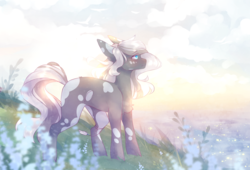 Size: 2800x1900 | Tagged: safe, artist:riressa, oc, oc only, earth pony, pony, chest fluff, cloud, female, flower, grass, looking away, mare, scenery, solo