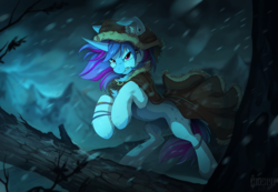 Size: 1280x884 | Tagged: safe, artist:hioshiru, oc, oc only, oc:aqua jewel, pony, unicorn, cape, clothes, detailed background, hood, hooded cape, male, mountain, mountain range, rearing, scenery, serious, serious face, slender, snow storm, solo, stallion, storm, thin, tree, ych result