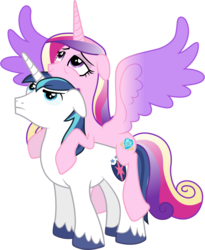 Size: 4740x5790 | Tagged: safe, artist:90sigma, edit, editor:slayerbvc, vector edit, princess cadance, shining armor, alicorn, pony, unicorn, g4, the crystal empire, absurd resolution, accessory-less edit, bare hooves, cadance riding shining armor, female, floppy ears, male, mare, missing accessory, ponies riding ponies, riding, simple background, spread wings, stallion, tired, transparent background, vector, wings