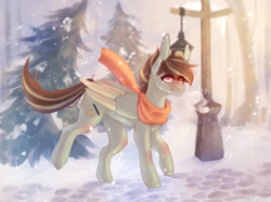 Size: 1380x1024 | Tagged: safe, artist:riressa, oc, oc only, pegasus, pony, clothes, colored wings, colored wingtips, lantern, scarf, snow, solo, tree, winter