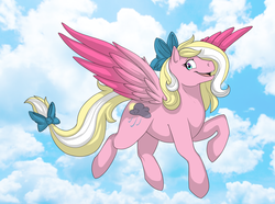 Size: 2494x1855 | Tagged: safe, artist:lilitrot, oc, oc only, oc:bay breeze, pegasus, pony, bow, cloud, colored wings, female, flying, hair bow, mare, sky, solo, tail bow