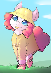 Size: 847x1204 | Tagged: safe, artist:angrylittlerodent, pinkie pie, earth pony, pony, g4, clothes, colored pupils, cute, diapinkes, ear fluff, female, grass, hat, looking at you, mare, pinkie being pinkie, rain boots, raincoat, rainhat, solo, tongue out