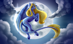 Size: 1898x1152 | Tagged: safe, artist:huayan, oc, oc only, oc:morphee, alicorn, pony, alicorn oc, cloud, female, flying, full moon, leonine tail, mare, moon, night, solo, underhoof, unshorn fetlocks