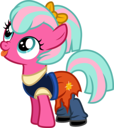 Size: 1000x1128 | Tagged: safe, artist:cloudy glow, twirly treats, earth pony, pony, g4, :p, all dogs go to heaven, anne-marie, bow, clothes, cosplay, costume, cute, don bluth, female, filly, hair bow, pantyhose, scrunchy face, shirt, shoes, silly, simple background, skirt, smiling, solo, tongue out, torn clothes, transparent background