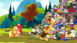 Size: 1920x1080 | Tagged: safe, screencap, apple bloom, applejack, big macintosh, derp cat, goldie delicious, cat, earth pony, pony, siamese cat, g4, the perfect pear, apple siblings, beach ball, book, dramatic entrance, eyes closed, female, filly, goldie delicious' cats, gramophone, kitchen sink, male, mare, stallion, too many cats, tree