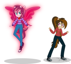 Size: 1024x919 | Tagged: safe, artist:mlp-trailgrazer, oc, oc only, oc:contralto, oc:cupcake slash, equestria girls, g4, clenched fist, clothes, cracks, cutie mark on clothes, earth pony strength, equestria girls-ified, female, fin wings, gem, grin, hoodie, hybrid wings, lesbian, pants, ponied up, pony ears, ready to fight, shoes, simple background, siren gem, smiling, stomping, strength, striped shirt, strong, sweater, transparent background, wings