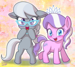 Size: 1000x894 | Tagged: safe, artist:uotapo, diamond tiara, silver spoon, earth pony, pony, adorabullies, bipedal, blushing, cute, cutie mark, diamondbetes, duo, duo female, female, filly, glasses, happy, looking at you, silverbetes, smiling, uotapo is trying to murder us