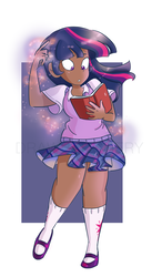 Size: 1963x3590 | Tagged: safe, artist:drawbauchery, part of a set, twilight sparkle, human, g4, adorkable, book, clothes, cute, dark skin, dork, female, humanized, legs, magic, mary janes, moe, pleated skirt, shoes, skirt, skirt lift, socks, solo, sweater vest, vest, watermark