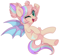 Size: 2345x2177 | Tagged: safe, artist:hawthornss, oc, oc:sweet skies, bat pony, bat pony oc, chest fluff, cute, cute little fangs, ear fluff, fangs, high res, lightly watermarked, looking at you, one eye closed, open mouth, simple background, transparent background, underhoof, watermark, wink