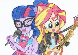 Size: 2337x1660 | Tagged: safe, artist:cybertronianbrony, sci-twi, sunset shimmer, twilight sparkle, equestria girls, g4, get the show on the road, my little pony equestria girls: summertime shorts, clothes, electric guitar, geode of empathy, geode of telekinesis, glasses, guitar, guitar pick, jacket, leather jacket, microphone, musical instrument, open mouth, ponied up, scene interpretation, singing, traditional art