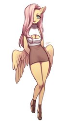 Size: 1532x2600 | Tagged: safe, artist:rd_3024, fluttershy, pegasus, anthro, plantigrade anthro, g4, beautiful, boob window, butt wings, clothes, female, legs, looking at you, mare, miniskirt, moe, sandals, shirt, simple background, skirt, solo, thighs, white background