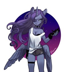 Size: 2200x2200 | Tagged: safe, artist:rd_3024, princess luna, alicorn, anthro, g4, butt wings, choker, clothes, collar, female, fingerless gloves, gloves, high res, mare, shorts, solo, spiked choker, tank top