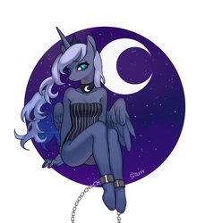 Size: 1877x2048 | Tagged: safe, artist:rd_3024, princess luna, alicorn, anthro, unguligrade anthro, g4, chains, clothes, crown, dress, female, jewelry, looking at you, mare, moon, regalia, solo