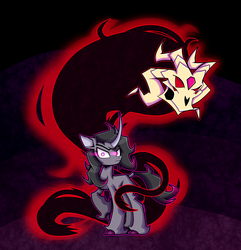 Size: 3500x3631 | Tagged: safe, artist:angelzillah, fhtng th§ ¿nsp§kbl, oleander (tfh), classical unicorn, demon, pony, unicorn, them's fightin' herds, cloven hooves, community related, dark background, fred, high res, horn, leonine tail, looking at you, raised hoof, unicornomicon, unshorn fetlocks