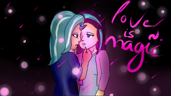 Size: 1920x1080 | Tagged: safe, artist:exomilena, starlight glimmer, trixie, human, g4, female, horn, horned humanization, humanized, lesbian, ship:startrix, shipping