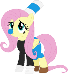 Size: 378x411 | Tagged: safe, artist:nsmah, artist:user15432, fluttershy, pegasus, pony, g4, barely pony related, base used, black shirt, blue nose, clothes, crossover, cuphead, gloves, long sleeved shirt, long sleeves, mugman, shirt, shoes, shorts, solo, straw, studio mdhr