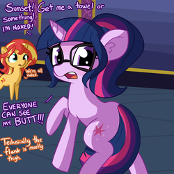 Size: 3000x3000 | Tagged: safe, artist:tjpones, sci-twi, sunset shimmer, twilight sparkle, pony, unicorn, equestria girls, g4, adorable distress, adorkable, backwards cutie mark, butt, covering, cute, dialogue, dork, duo, ear fluff, embarrassed, embarrassed nude exposure, equestria girls ponified, female, glasses, high res, mare, meganekko, plot, ponified, ponytail, shimmerbetes, tail between legs, tail covering, twiabetes, unicorn sci-twi, we don't normally wear clothes