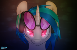 Size: 4000x2600 | Tagged: safe, artist:fluffyxai, dj pon-3, vinyl scratch, pony, unicorn, g4, abstract background, badass, cocky, colored pupils, cool, female, glasses, glowing eyes, headphones, looking at you, mare, smiling, smirk, solo