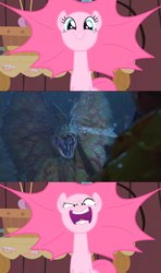 Size: 759x1280 | Tagged: safe, artist:curly, edit, edited screencap, screencap, pinkie pie, dilophosaurus, dinosaur, earth pony, pony, g4, party of one, season 1, jurassic park, you're going to love me