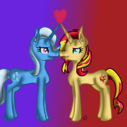 Size: 1536x1536 | Tagged: safe, artist:commandereclipse, sunset shimmer, trixie, g4, female, heart, lesbian, ship:suntrix, shipping