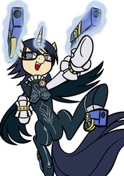 Size: 845x1195 | Tagged: safe, artist:robbiecave, pony, unicorn, bayonetta, bayonetta (character), crossover, glowing horn, gun, horn, magic, ponified, simple background, telekinesis, video game, video game crossover, weapon, white background, witch