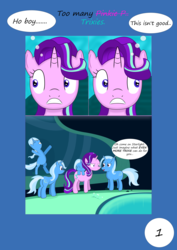 Size: 3508x4961 | Tagged: safe, artist:raribelle, starlight glimmer, trixie, pony, unicorn, g4, cave, cave pool, comic, mirror pool, multeity, trixie army