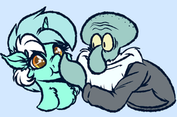 Size: 1024x678 | Tagged: safe, artist:witchtaunter, lyra heartstrings, pony, unicorn, g4, beard, boop, facial hair, horn, male, simple background, spongebob squarepants, squidward tentacles