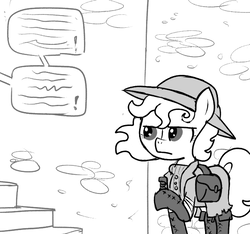 Size: 640x600 | Tagged: safe, artist:ficficponyfic, oc, oc only, oc:lockepicke, cyoa:the wizard of logic tower, bag, boots, clothes, coat, cyoa, hat, hiding, listening, monochrome, shoes, story included