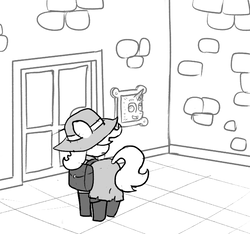 Size: 640x600 | Tagged: safe, artist:ficficponyfic, oc, oc only, oc:face on the wall, oc:lockepicke, cyoa:the wizard of logic tower, bag, bolt, boots, clothes, coat, cyoa, door, frame, hat, mirror, monochrome, shoes, story included