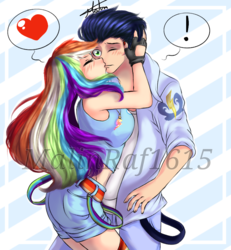 Size: 711x768 | Tagged: safe, artist:malinraf1615, rainbow dash, soarin', human, g4, breasts, busty rainbow dash, clothes, exclamation point, female, heart, humanized, kiss on the lips, kissing, male, midriff, one eye closed, pictogram, ship:soarindash, shipping, shorts, straight, tank top, watermark