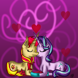 Size: 1536x1536 | Tagged: safe, artist:commandereclipse, starlight glimmer, sunset shimmer, pony, unicorn, g4, clothes, duo, eyes closed, female, heart, kissing, lesbian, mare, ship:shimmerglimmer, shipping, socks