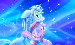 Size: 1134x677 | Tagged: safe, artist:bluest-ayemel, princess cadance, prismia, pegasus, pony, g4, my little pony chapter books, my little pony: twilight sparkle and the crystal heart spell, female, filly, filly cadance, hug, pegasus cadance, young, younger