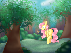 Size: 1024x768 | Tagged: safe, artist:naty7913, fluttershy, butterfly, pony, g4, chest fluff, female, happy, solo, tree