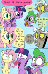 Size: 800x1214 | Tagged: safe, artist:emositecc, discord, fluttershy, spike, twilight sparkle, alicorn, draconequus, dragon, pegasus, pony, g4, accidental cannibalism, cannibalism, comic, dialogue, dragons eating horses, eating, female, food, horse meat, male, mare, meat, ponies eating meat, shocked, speech bubble, spike don't care about meat, text, this will end in tears, twilight sparkle (alicorn)