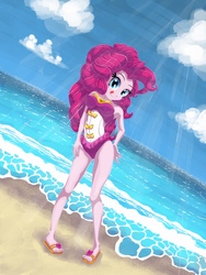 Size: 1668x2224 | Tagged: safe, artist:hananpacha, pinkie pie, equestria girls, equestria girls series, forgotten friendship, beach, clothes, cloud, female, licking, licking lips, looking at you, ocean, one-piece swimsuit, sand, sandals, sky, solo, swimsuit, tongue out, water