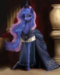 Size: 797x1003 | Tagged: safe, artist:majorlaughmaster, princess luna, alicorn, pony, g4, clothes, dress, female, horn, looking at you, mare, solo, wings