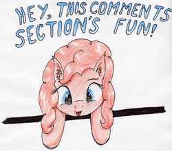 Size: 2388x2106 | Tagged: safe, artist:40kponyguy, derpibooru exclusive, pinkie pie, earth pony, pony, g4, ear fluff, female, fourth wall, high res, looking down, mare, reaction image, simple background, solo, traditional art, white background